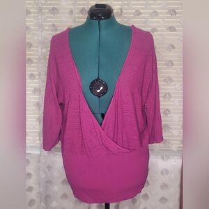 Lane Bryant Sz 24 Fuchsia Solid Tribal Aztec Faux Wrap 3/4 Sleeve V Neck Top